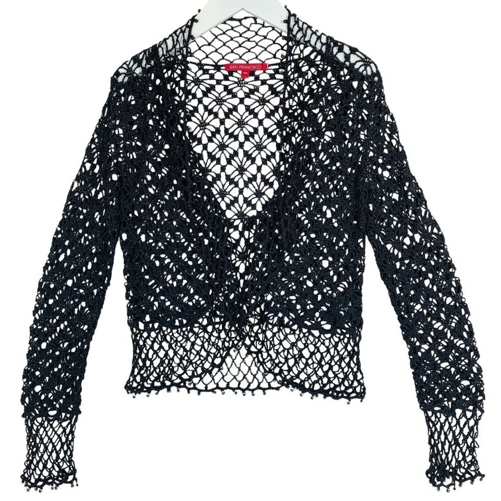 Boho Crochet Mesh Tie Up Top/Cardigan black, shrug or bolero punk, goth sz sm